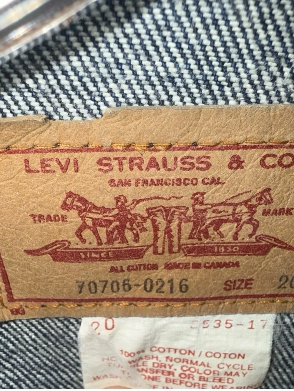 Levi’s 70706-0216 Denim Trucker Jacket Size 20 Canada Red Tab 1980s